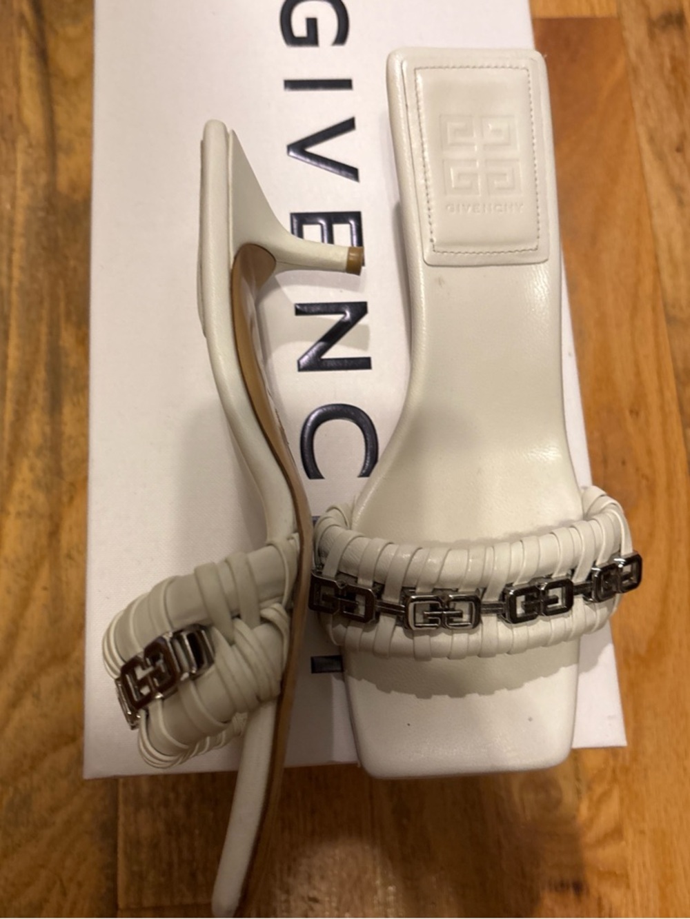 Givenchy White Braided Square-Toe Slide Mules with Metallic Chain - Picture 2 of 5